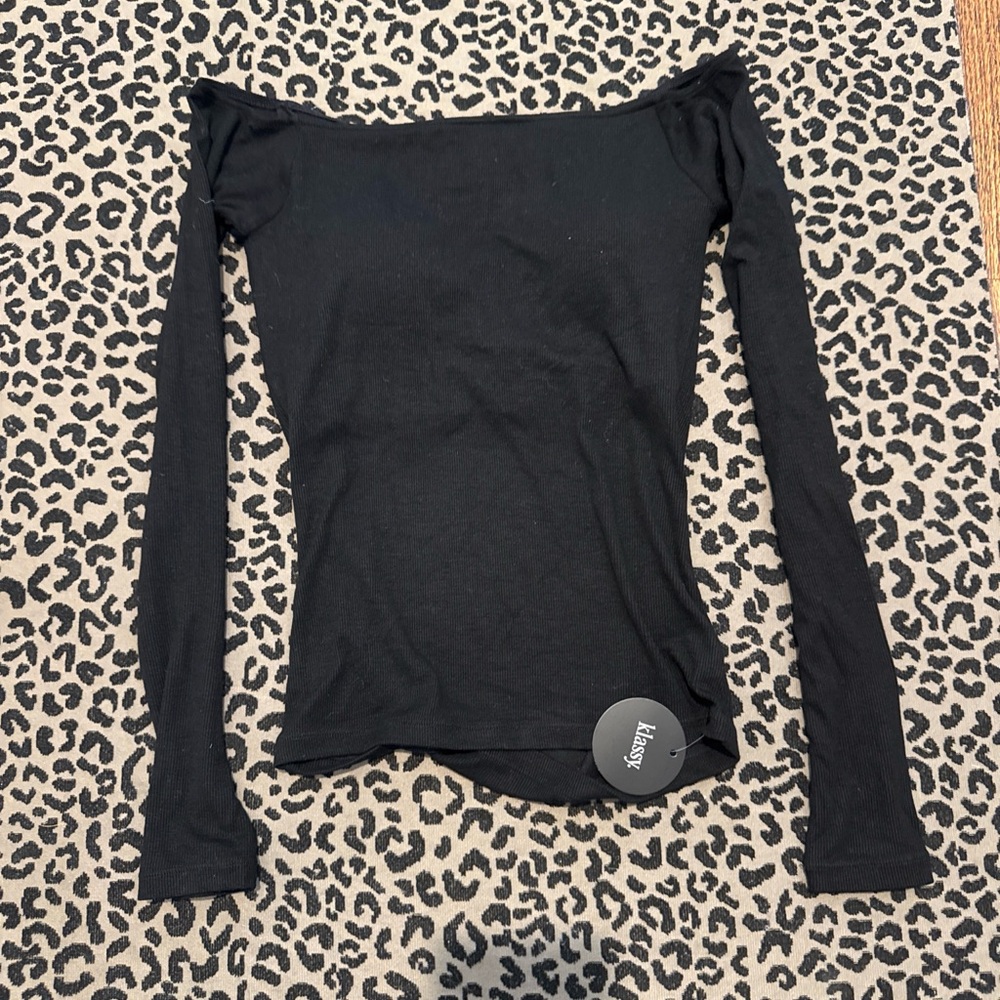Klassy Network Black Off-the-Shoulder Long Sleeve Top w/built in padded bra